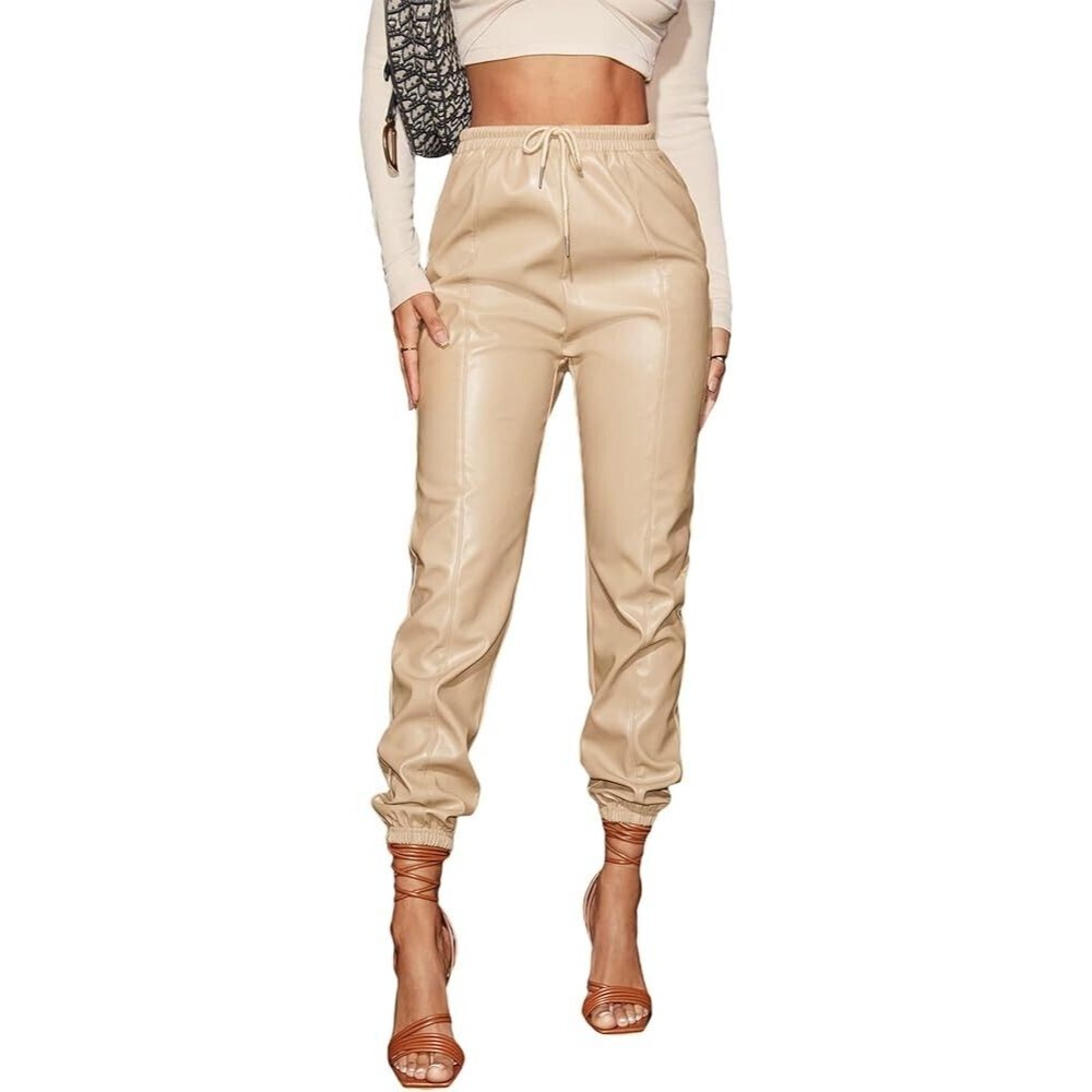 Floerns Women's Drawstring High Waisted Cropped Tapered Faux Leather Pants Small